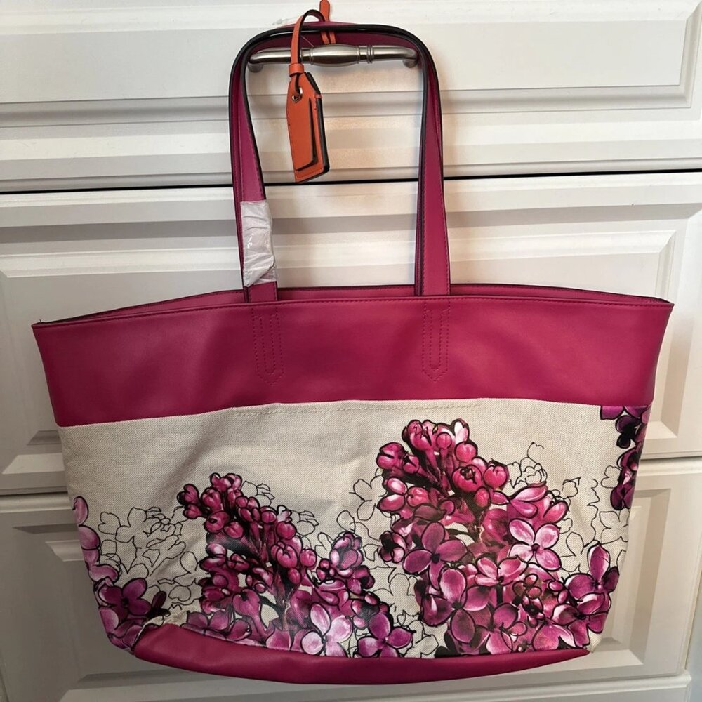 REED Modern American Luxury - Large Shoulder Bag (Pink Floral On Beige)